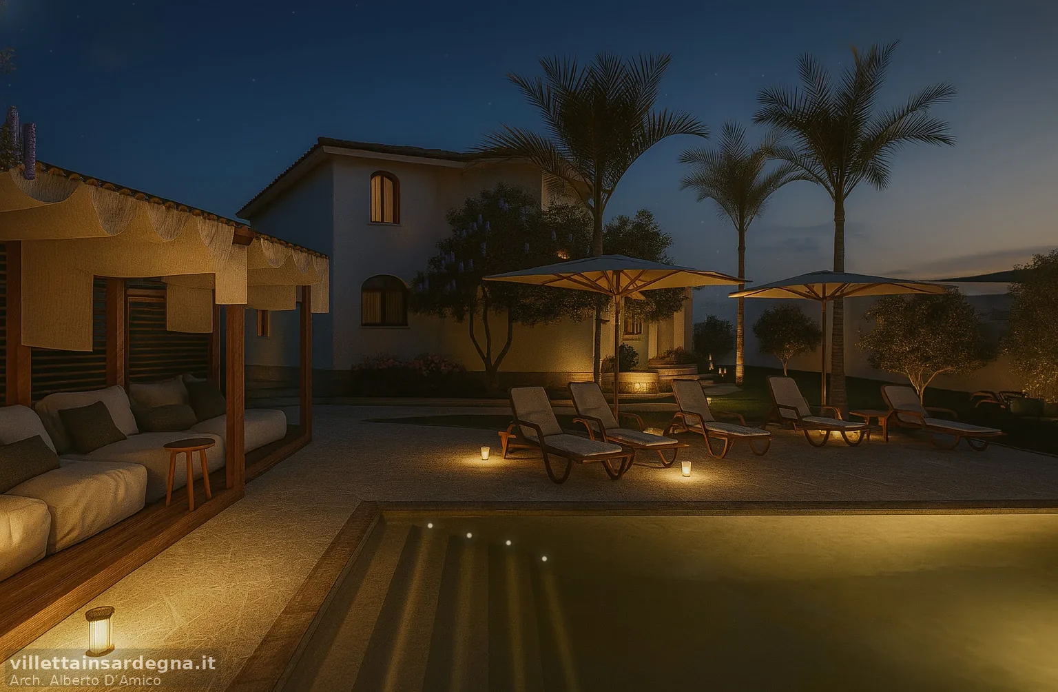 Rendering notturno della possibile sistemazione degli esterni