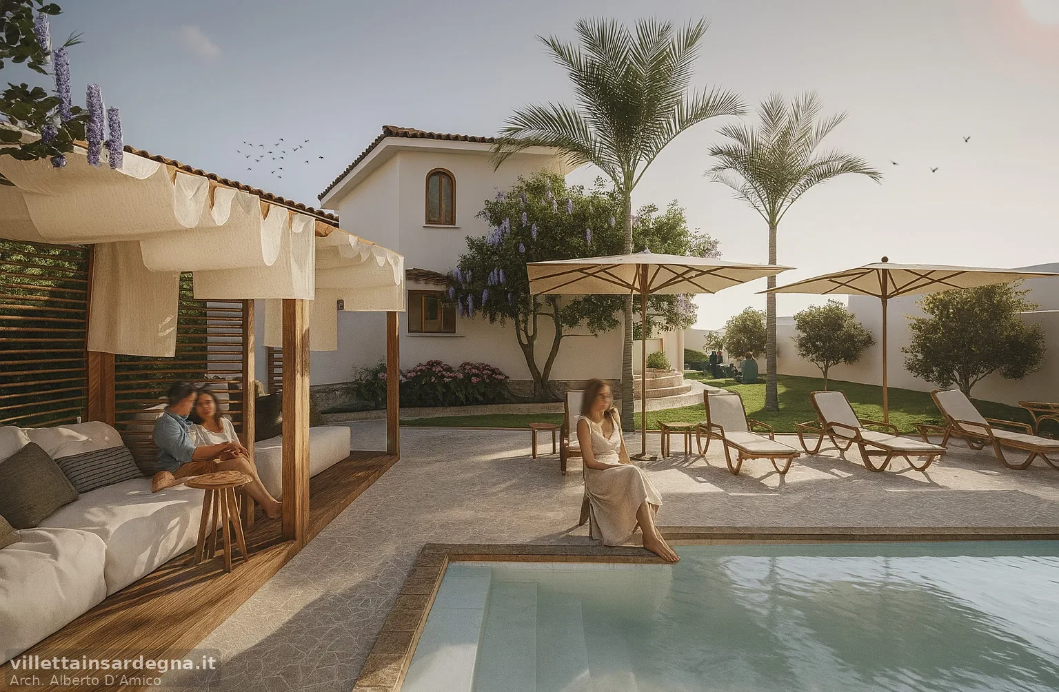 Rendering di una possibile area piscina nel giardino
